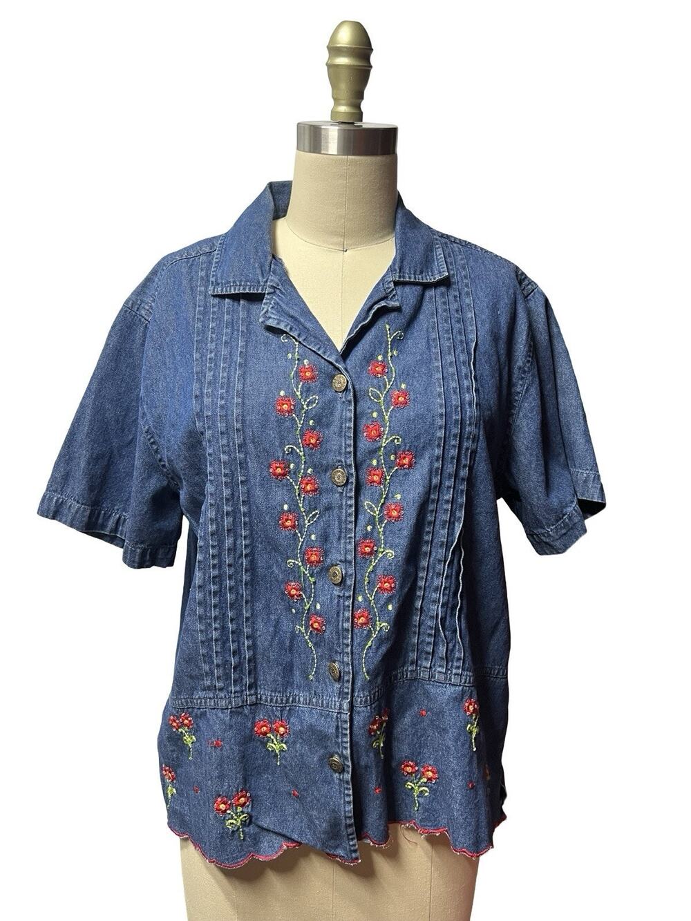 Vtg Jane Ashley Denim Button Up Floral Embroidered Blouse Top Cottagecore SZ L